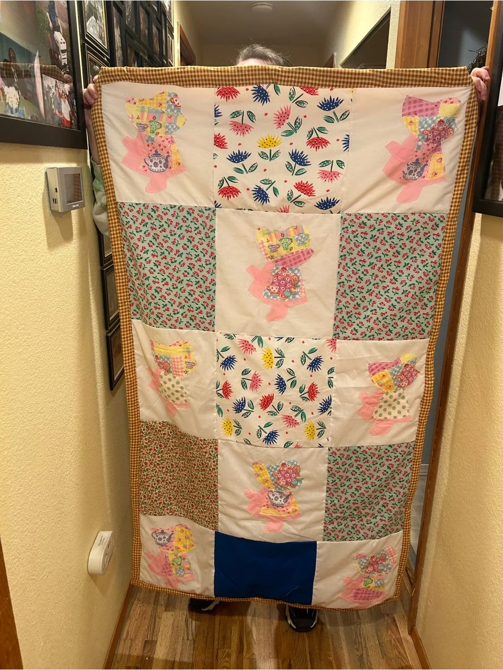 Handmade Patchwork Sunbonnet Girl Quilt - Multicolor Floral & Pink Accents